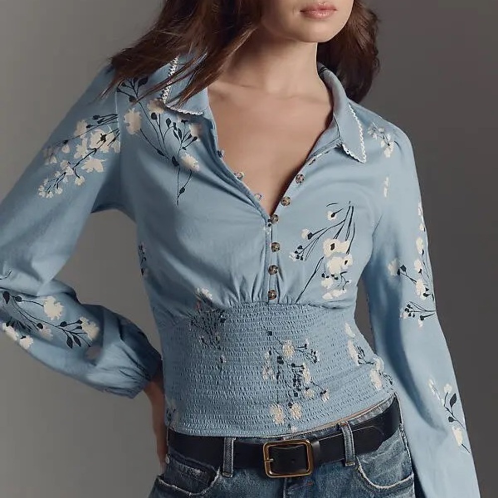 Maeve Anthropologie Smocked Buttondown Top Floral Blue Women's Top